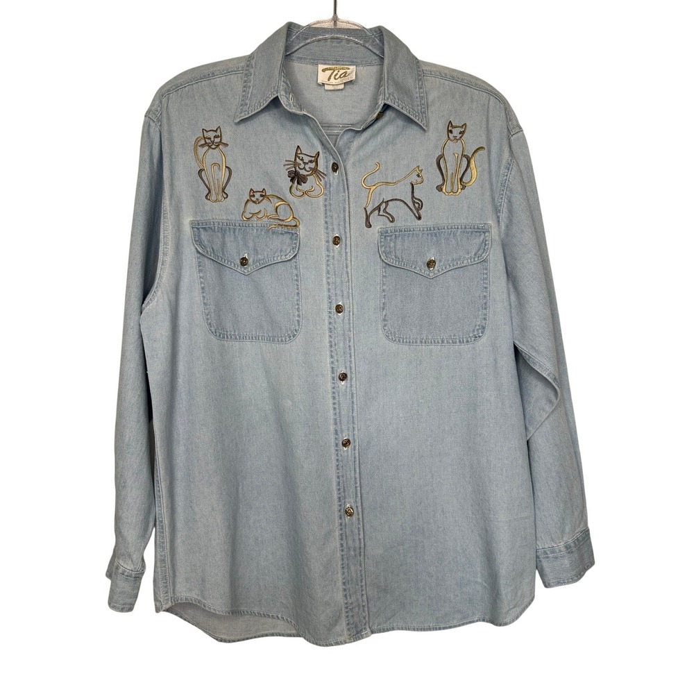 Vintage Tia Designs‎ Blue Denim Cat Embroidered Button up Shirt Size M Rhinetone